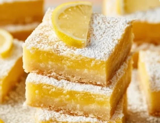 Freshly baked lemon bars with a zesty lemon topping on a buttery crust