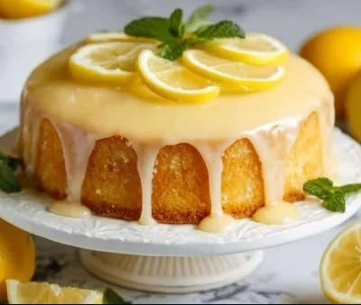 Delicious homemade lemon cake with icing and fresh lemon slices on a plate