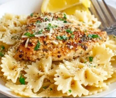 Plate of Lemon Chicken Pasta garnished with herbs