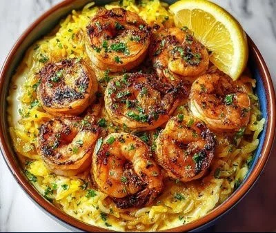 Lemon Garlic Shrimp Orzo served in a bowl with fresh herbs garnish