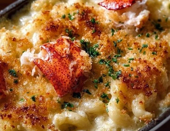 Delicious Lobster Mac and Cheese topped with breadcrumbs and lobster meat