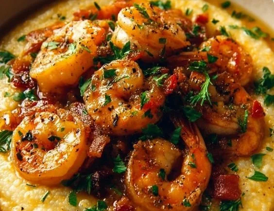 Delicious Lowcountry shrimp and grits served in a bowl with garnishes.