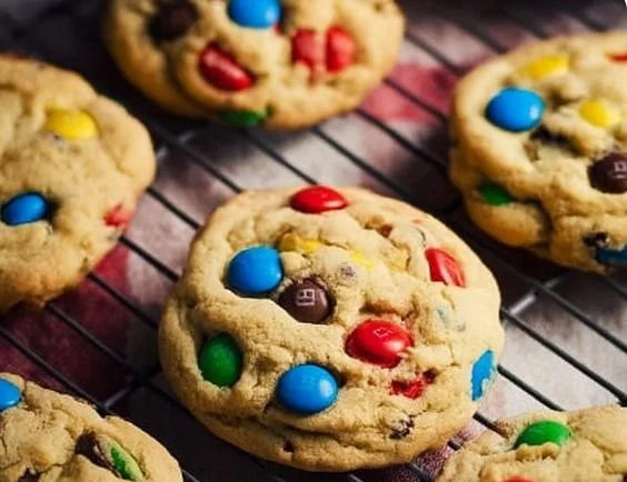 Freshly baked M&M cookies with colorful chocolate candies.