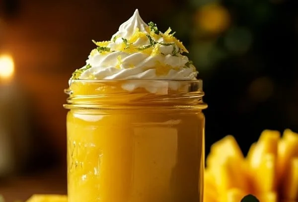 Delicious mango curd in a bowl with fresh mango slices
