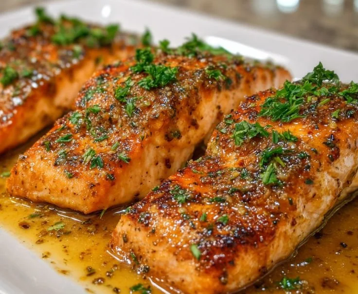 Delicious Maple Dijon Glazed Salmon on a plate with lemon and herbs