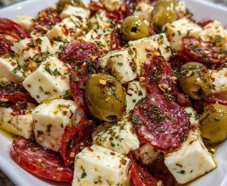 Marinated cheese appetizer with herbs and spices in a glass dish