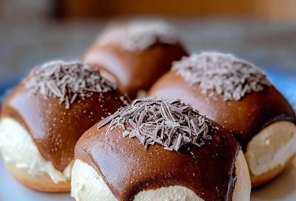 Maritozzi-style chocolate brioche buns freshly baked and ready to serve.