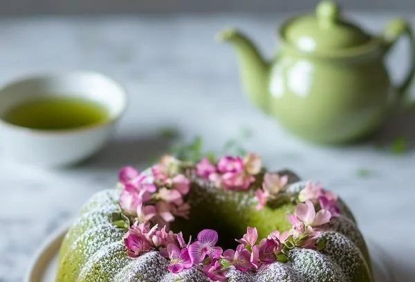 Matcha Pound Cake freshly baked and sliced on a wooden board