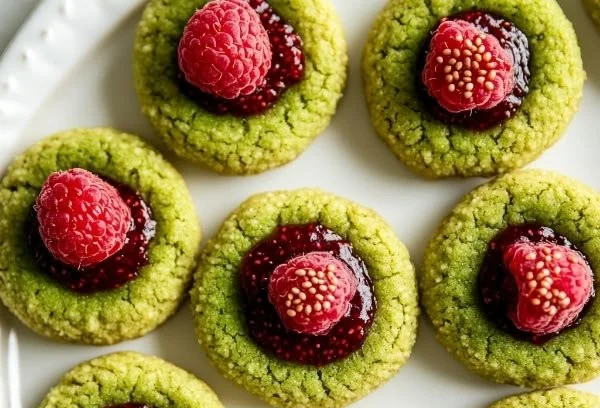 Plate of matcha thumbprint cookies filled with raspberry chia jam