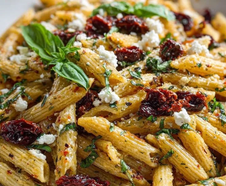 A colorful Mediterranean Pasta dish with fresh vegetables and herbs