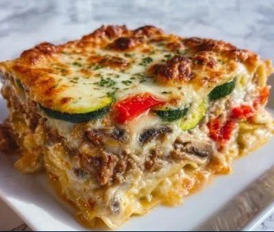 Mediterranean-style vegetable lasagna with rich layers of vegetables and cheese.