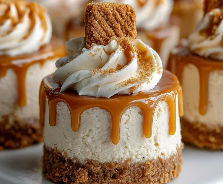 Mini Biscoff cheesecakes topped with caramel and crumbs, perfect dessert for indulgence