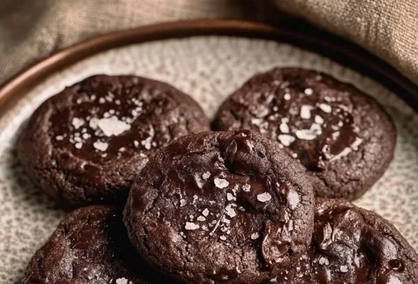 Mini chocolate cookies topped with sea salt on a white plate