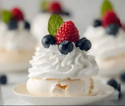 Mini pavlova dessert topped with fresh fruits and cream