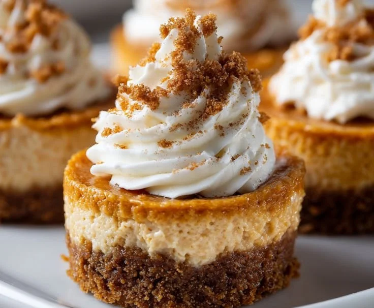 Delicious mini pumpkin cheesecakes topped with whipped cream and seasonal spices.