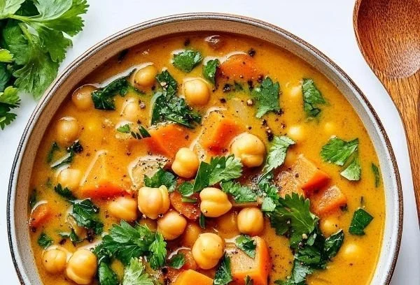 Bowl of quick and easy Minute Chickpea Soup garnished with herbs