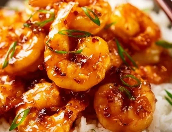 Plate of Minute Honey Garlic Shrimp garnished with green onions