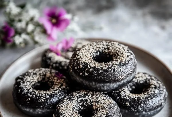Mochi donuts topped with black sesame seeds on a wooden table