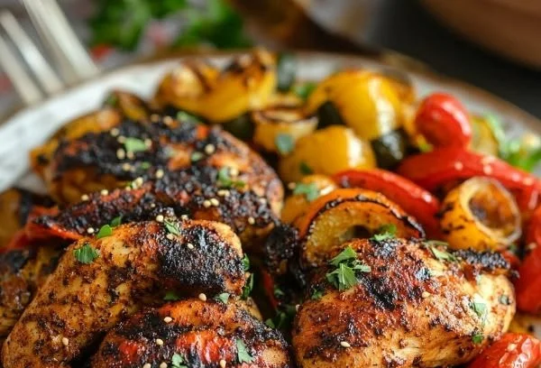 Spiced Moroccan Harissa Chicken dish on a plate, garnished with herbs
