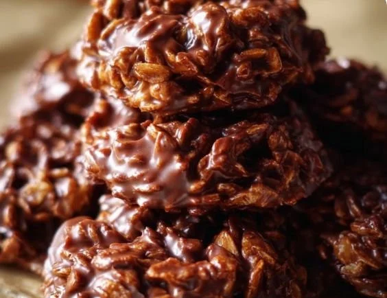 A plate of delicious no-bake cookies made with chocolate and oats