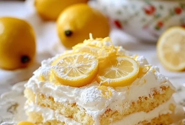 No-bake lemon fridge cake with creamy layers and lemon zest garnish