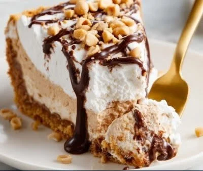 No-bake peanut butter pie topped with whipped cream and chocolate drizzle