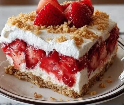 Delicious no-bake strawberry cheesecake lasagna dessert on a plate