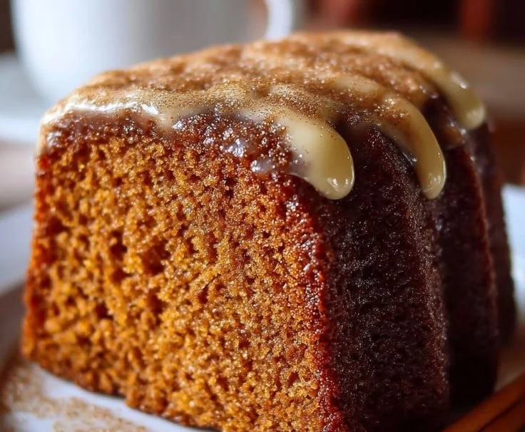 A slice of old fashioned spice cake topped with cream and garnished with cinnamon.