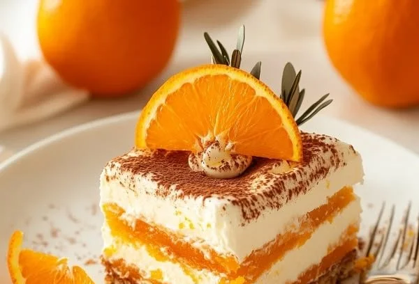 Delicious homemade Orange Tiramisu dessert with layers of orange flavor and coffee.