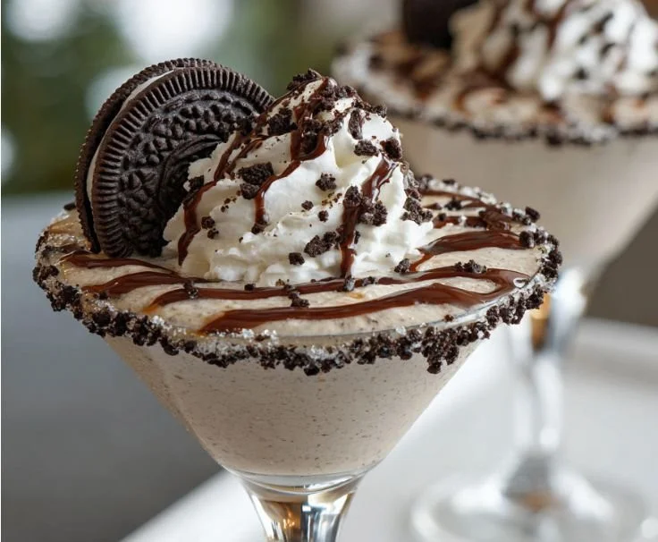 Oreo Cookies Cream Martini garnished with crushed Oreo cookies and cream.