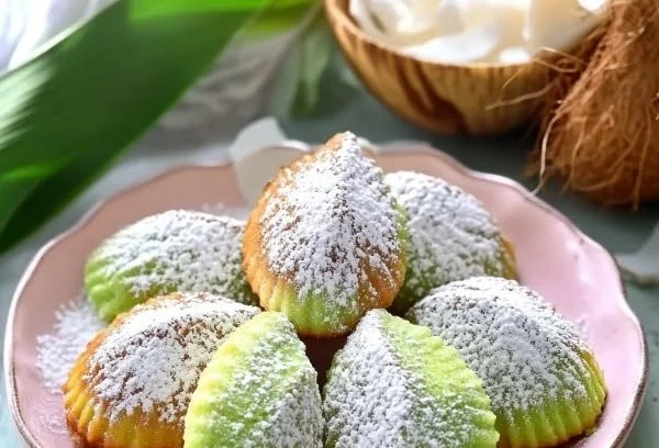 Image of freshly baked Pandan Coconut Madeleines on a plate