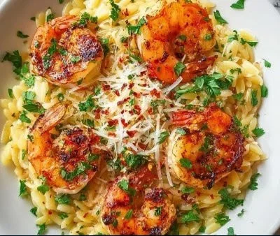Delicious Parmesan shrimp orzo dish garnished with parsley on a plate.