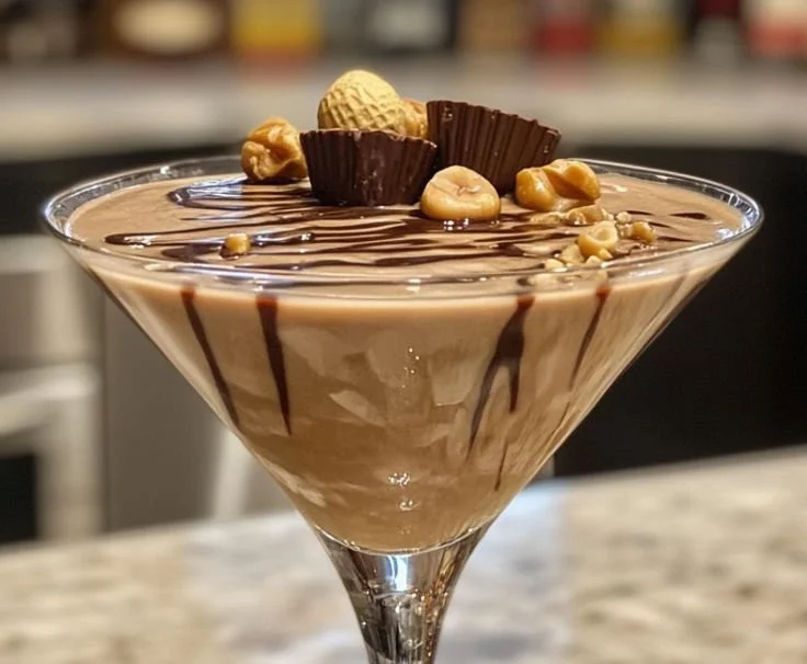 Delicious Peanut Butter Cup Martini garnished with chocolate and a peanut butter rim.