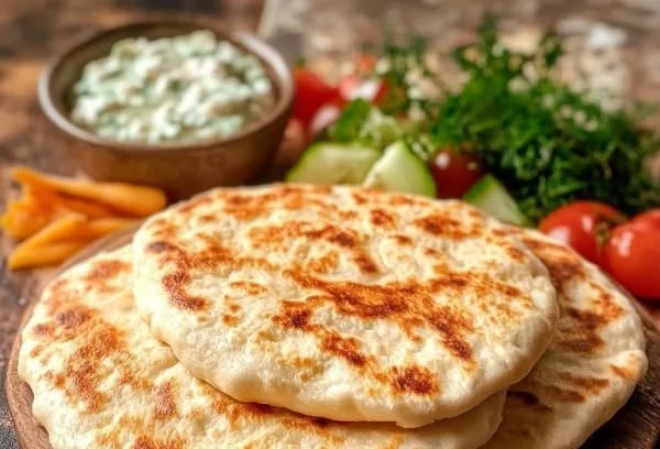 Freshly made perfect Greek pita bread served warm on a wooden table
