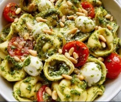 Colorful Pesto Tortellini Salad with cherry tomatoes and arugula in a bowl