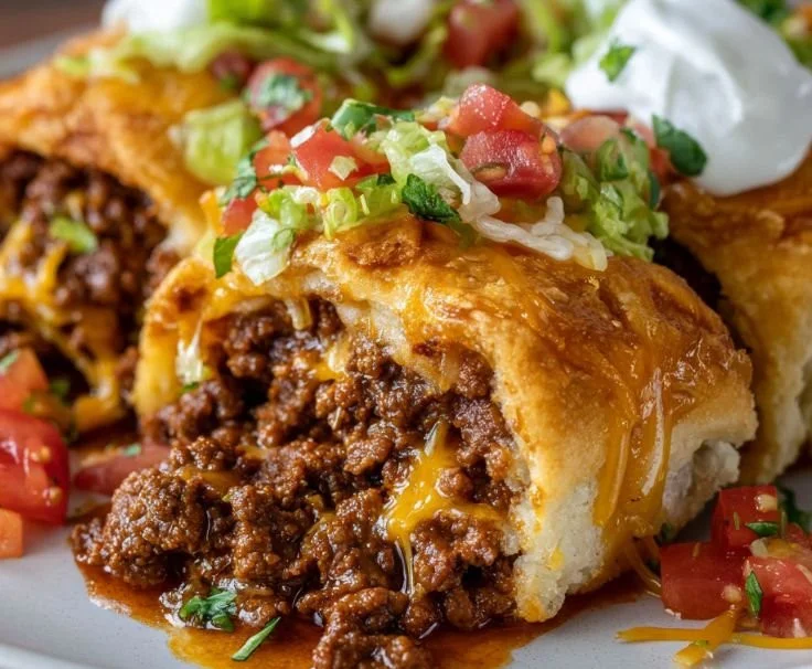 Pillsbury Crescent Roll Taco Bake topped with melted cheese and fresh toppings