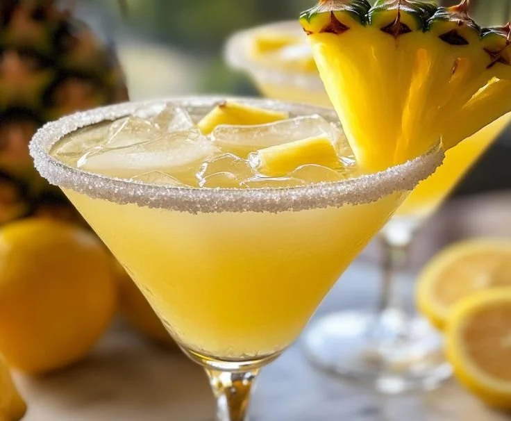 Pineapple Lemon Drop cocktail served in a glass with pineapple and lemon garnish