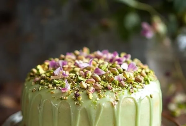 Delicious homemade Pistachio Coffee Cake served on a rustic table