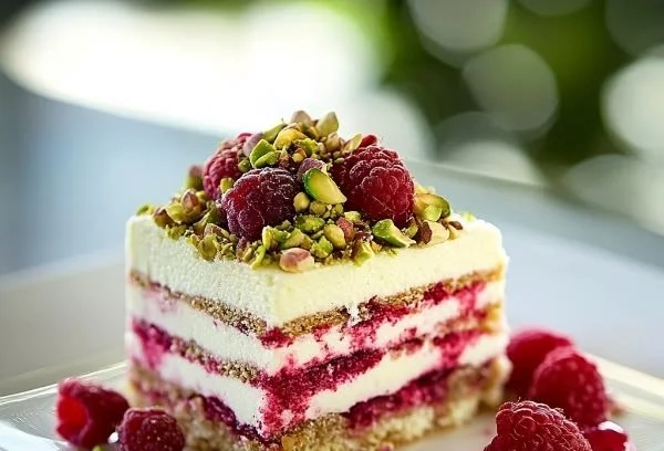 Delicious Pistachio Raspberry Tiramisu garnished with raspberries and pistachios.