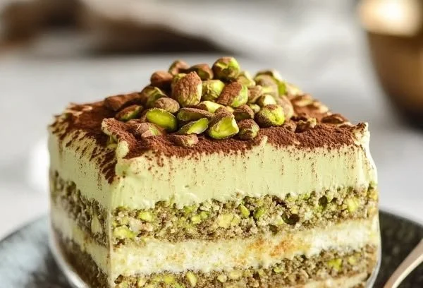 Delicious pistachio tiramisu dessert layered with cream and pistachios