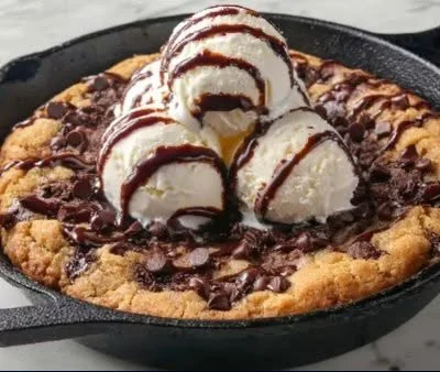 Warm Pizookie dessert served in a skillet with ice cream on top.