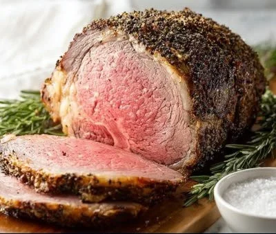 Sliced Poor Man's Prime Rib served with sides on a plate.
