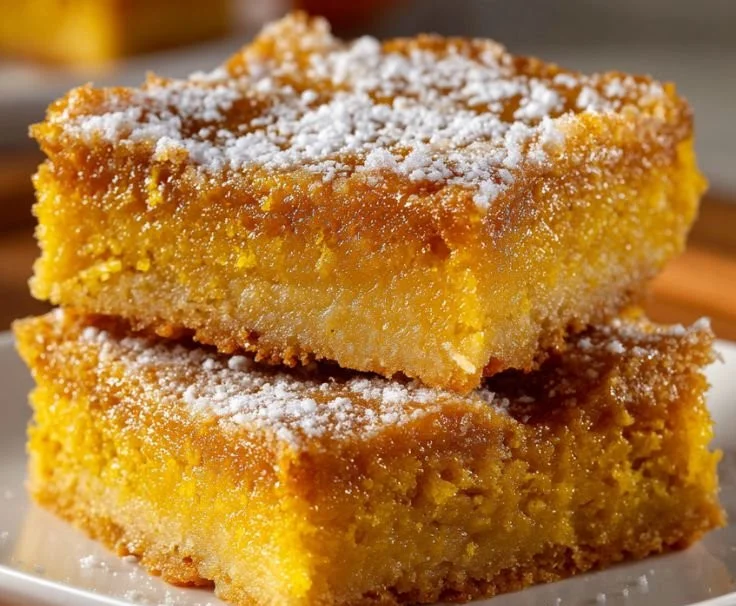 Slice of Pumpkin Gooey Butter Cake topped with whipped cream and a sprinkle of cinnamon