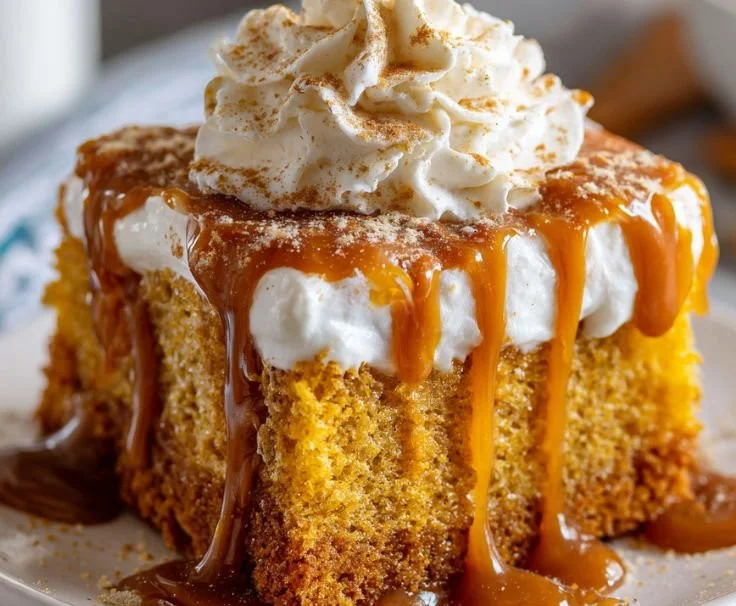 Delicious Pumpkin Spice Tres Leches Cake served on a cozy fall setting