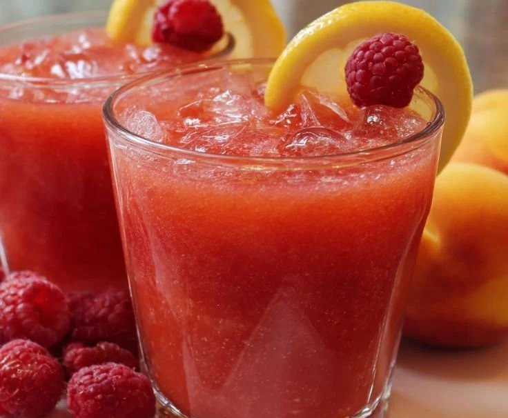 A refreshing glass of Raspberry Peach Lemonade garnished with fresh raspberries and peaches.