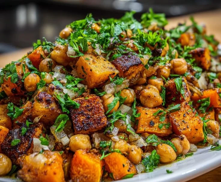 Roasted butternut squash and chickpea salad on a wooden serving platter.
