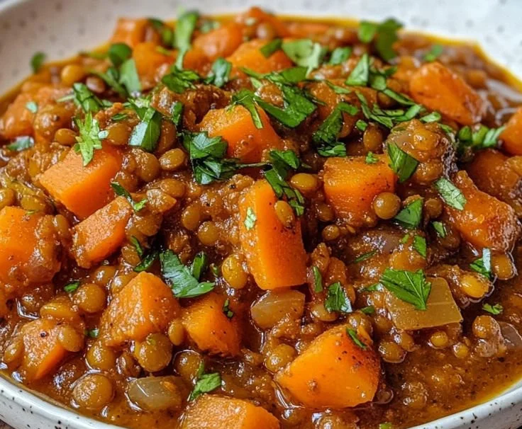 Bowl of roasted carrot and lentil stew garnished with herbs