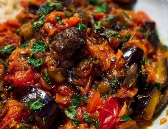 Delicious roasted eggplant caponata dish by Ina Garten, featuring vibrant vegetables and rich flavors.