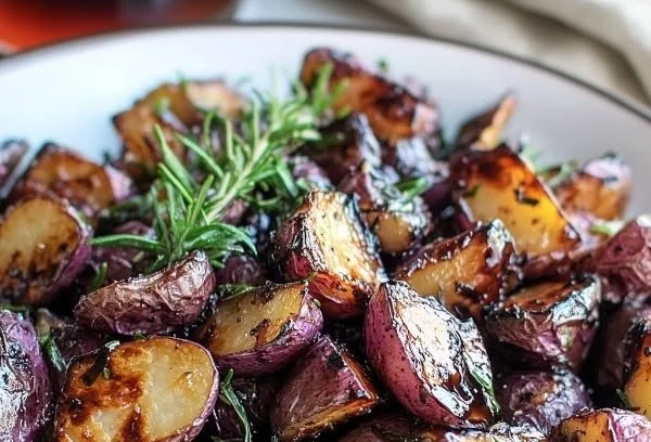 Baked roasted purple potatoes with balsamic glaze on a white plate