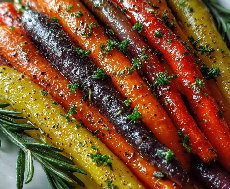 Plate of roasted rainbow carrots with herbs and spices